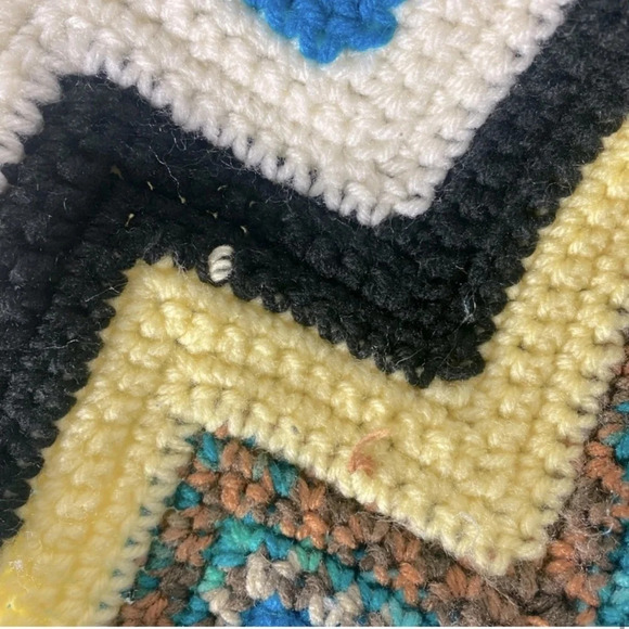 Vintage Handmade Crochet Blue Yellow Black Chevron Stripes Afghan  Throw Blanket - Picture 11 of 12